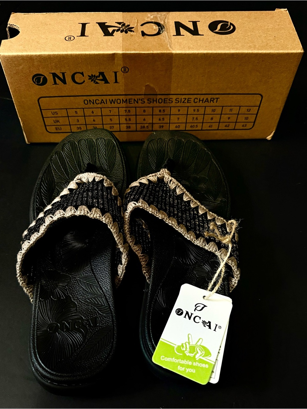 ONCAI Women's Black and Beige Woven Sandals